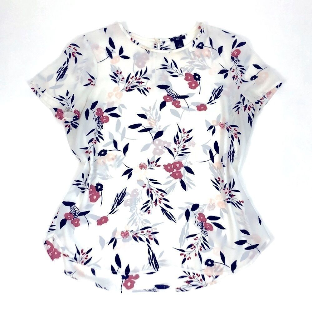 Ann Taylor White Floral Short Sleeve Top with Pink and Navy Print